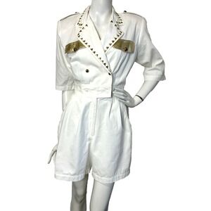 80s Ashlee Romper Size Medium 8 White Gold Studs Epaulette Short Sleeve Pockets